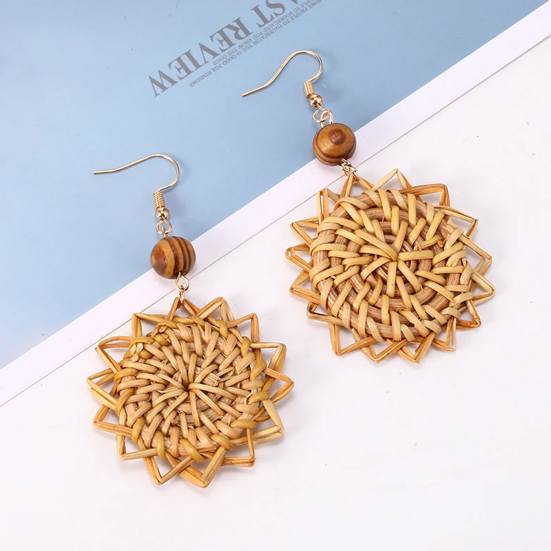 Богемное ротанговое плетение Висячие серьги для женщин ручной работы плетеная