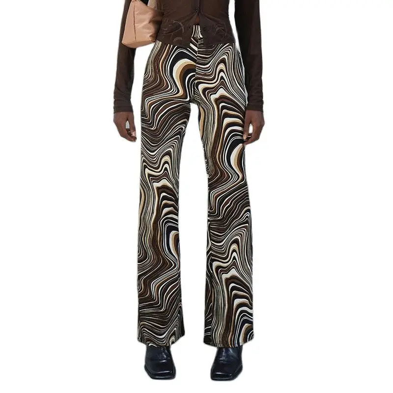 

2021 Summer Visual Art Pants Women Print Trousers High Waist Pantalones Flared Slim Vintage Brown Skinny Pant Trouser Woman