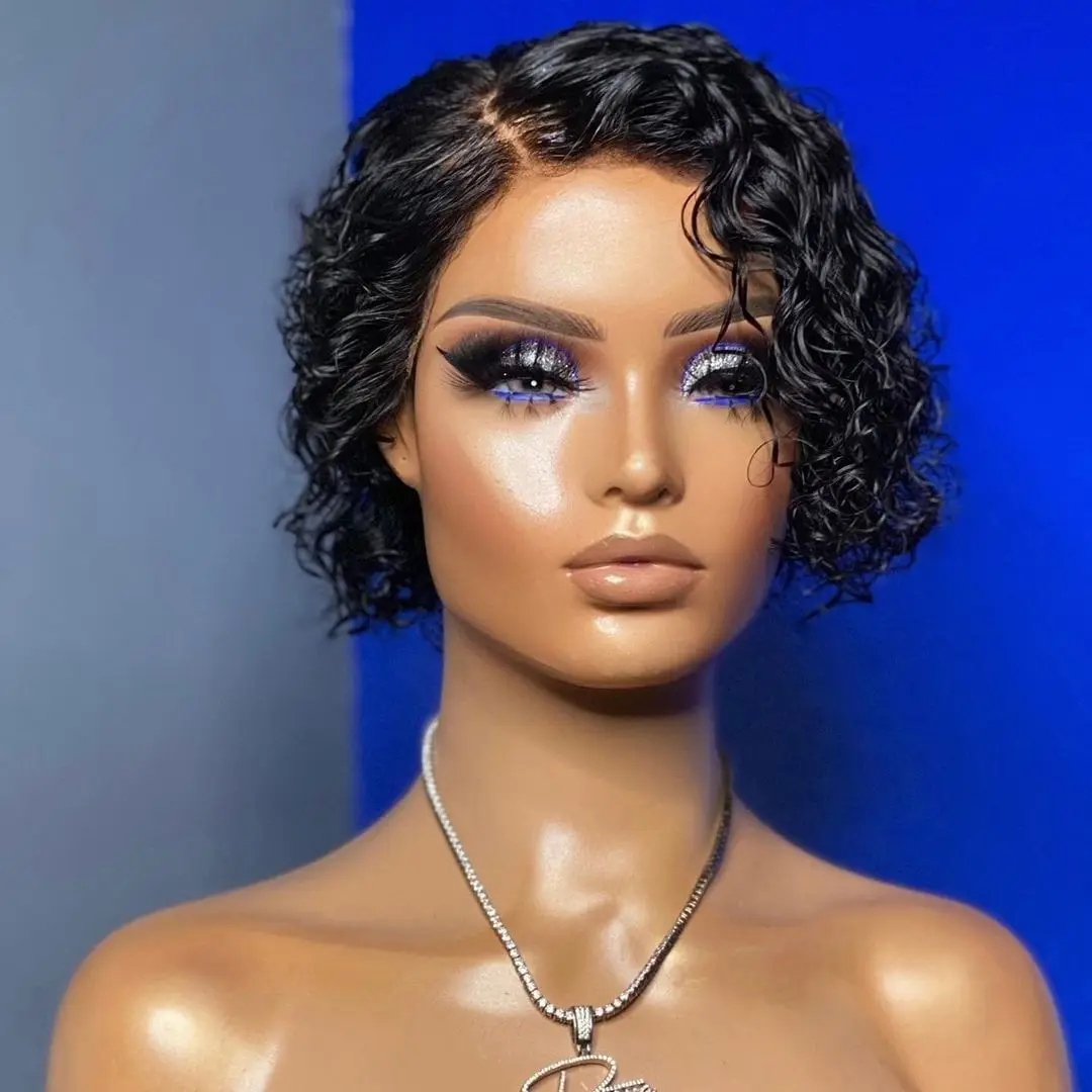 Short Pixie Cut Wig Curly Human Hair Wigs Cheap Deep Wave Frontal Wig Side Part Bob Wigs For Women T Part Transparent Lace Wigs