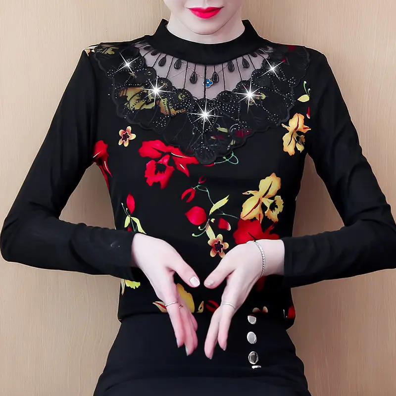 

Women 2021 Autumn Winter Shirts Female Turtleneck Lace Long Sleeve Shirt Large Size Top for Ladies Casual Blouses Mujer X244