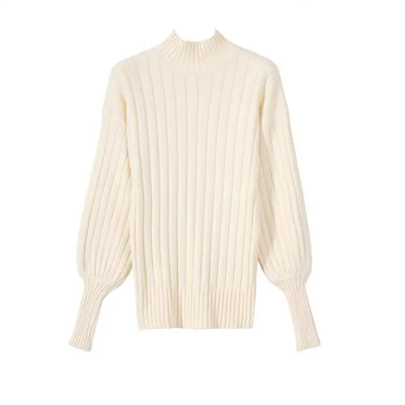 2019 Womens Sweaters Lantern Sleeve Lazy Wind Half High Neck Solid Color Knitted Bottom Casual Comfort Winter Oversized Sweater | Женская