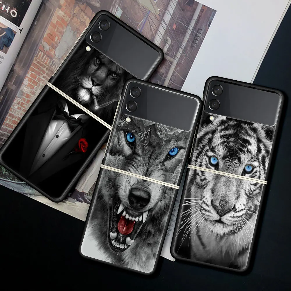 Case For Samsung Galaxy Z Flip 3 4 5G Funda ZFlip3 Luxury Black PC Hard Shockproof Back Phone Coque Shell Wolf Lion Animal