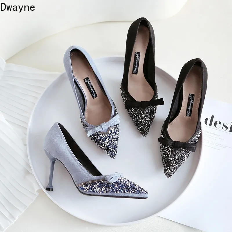 Тонкие женские туфли на высоком каблуке новинка 2019 модные черные с бантом и