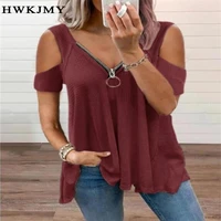 womens clothing summer clothes casual deep v neck zipper tee off shoulder short sleeved tops ladies solid color t shirt xs 8xl