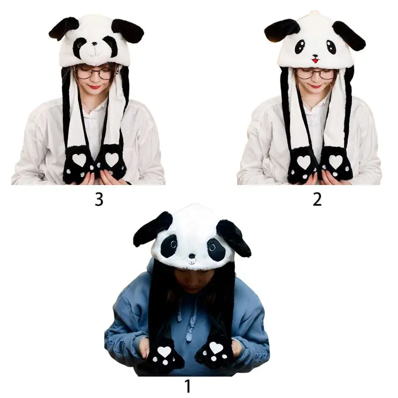 

Children Adult Short Plush Cute 3D Cartoon Panda Animal Hat with Moving Ears Double Airbag Paws Warm Earflap Cap Toy Party Props