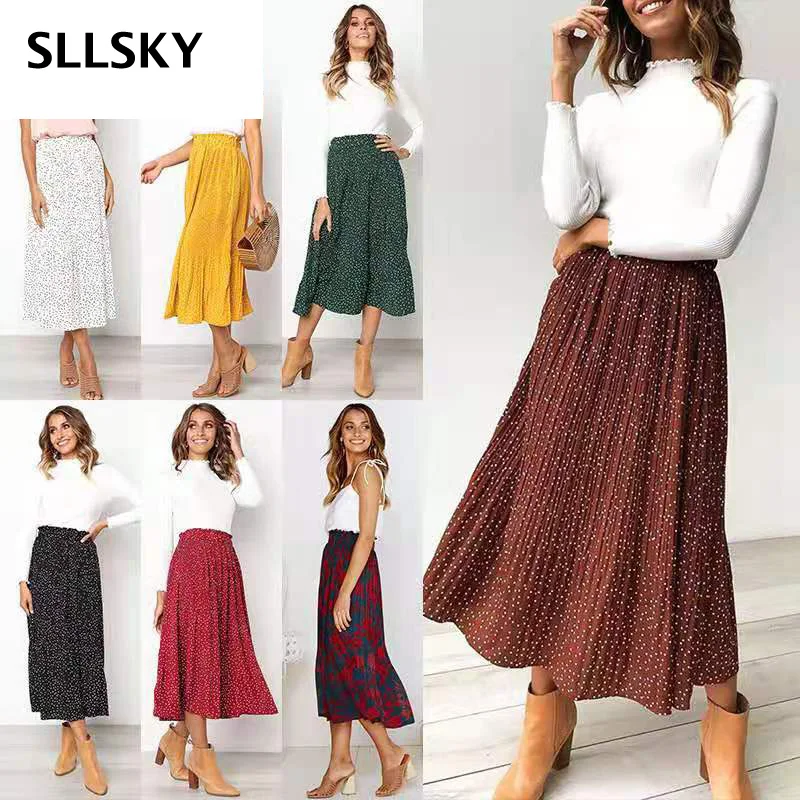 

Sllsky Elegant Casual High Elastic Waist Polka Dot Pleated Skirt Bohemian Skirt Midi Maxi Swing Women Skirt with Pockets