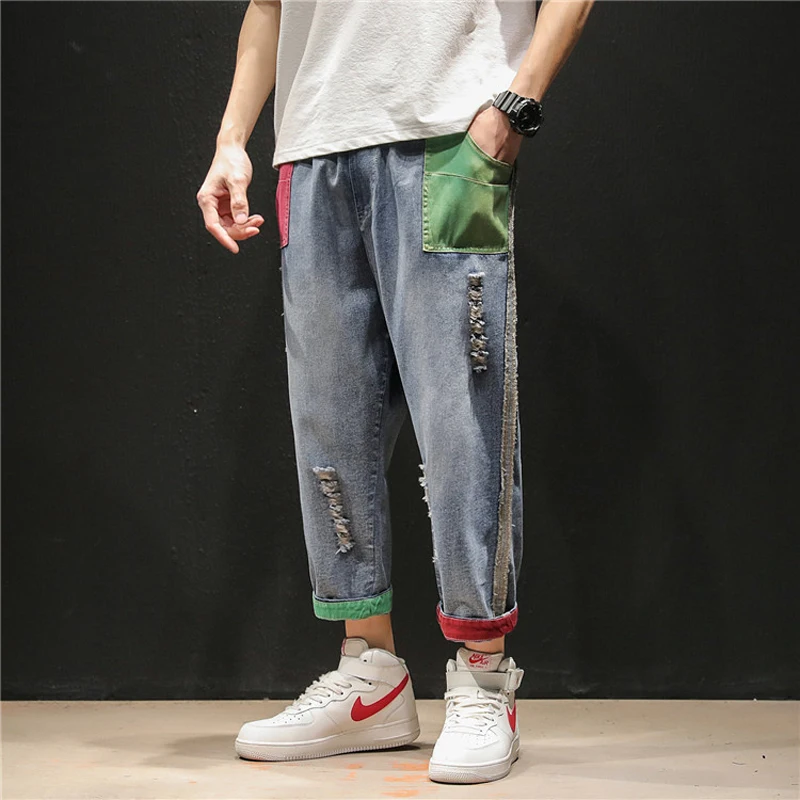 

Men's Fashion Ripped Jeans High Street Casual Drawstring Ankle Length Denim Pants Trousers Loose Elastic Multicolor Sweatpants