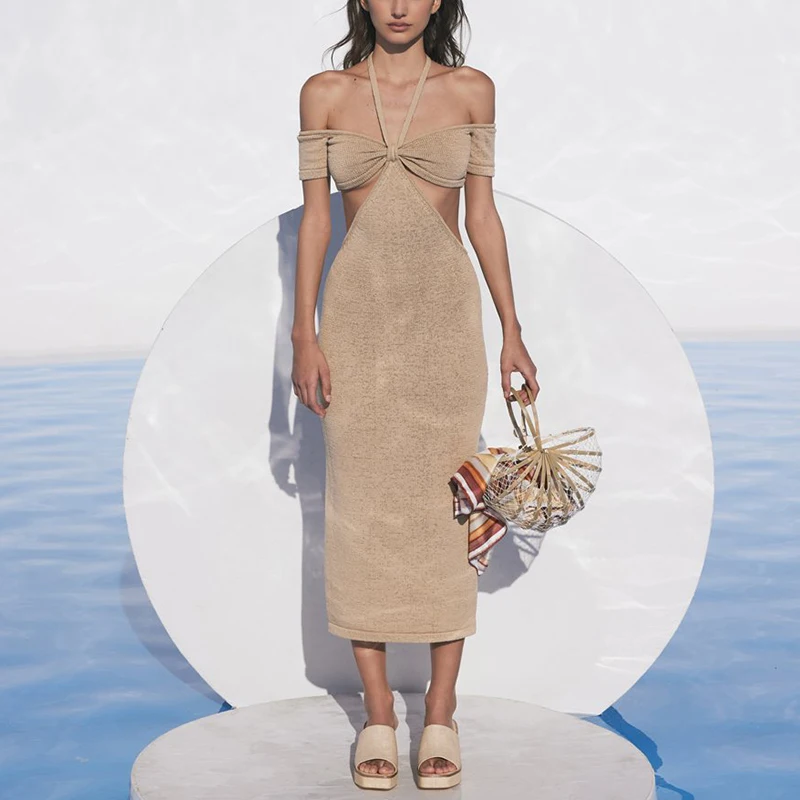 

2021 Summer Women Clothing Beach Dresses Crochet Knitted Dress Halter Lace Maxi Dress Elegant Party Evening Bodycon Dress Prom