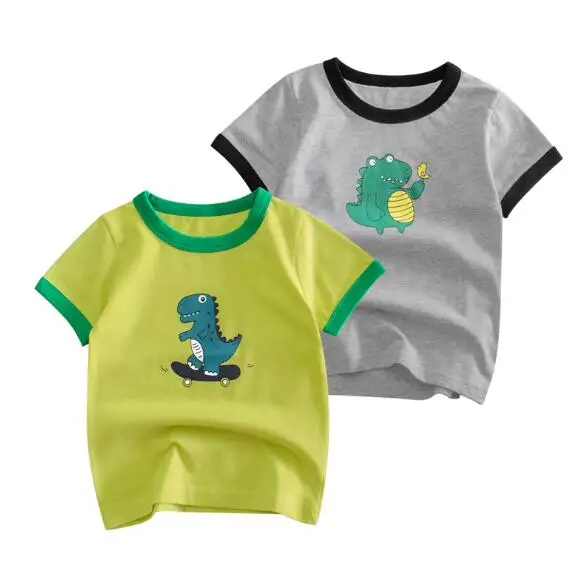 Дышащая футболка для мальчиков динозавр на лето 2020 серый и желтый топ с круглым