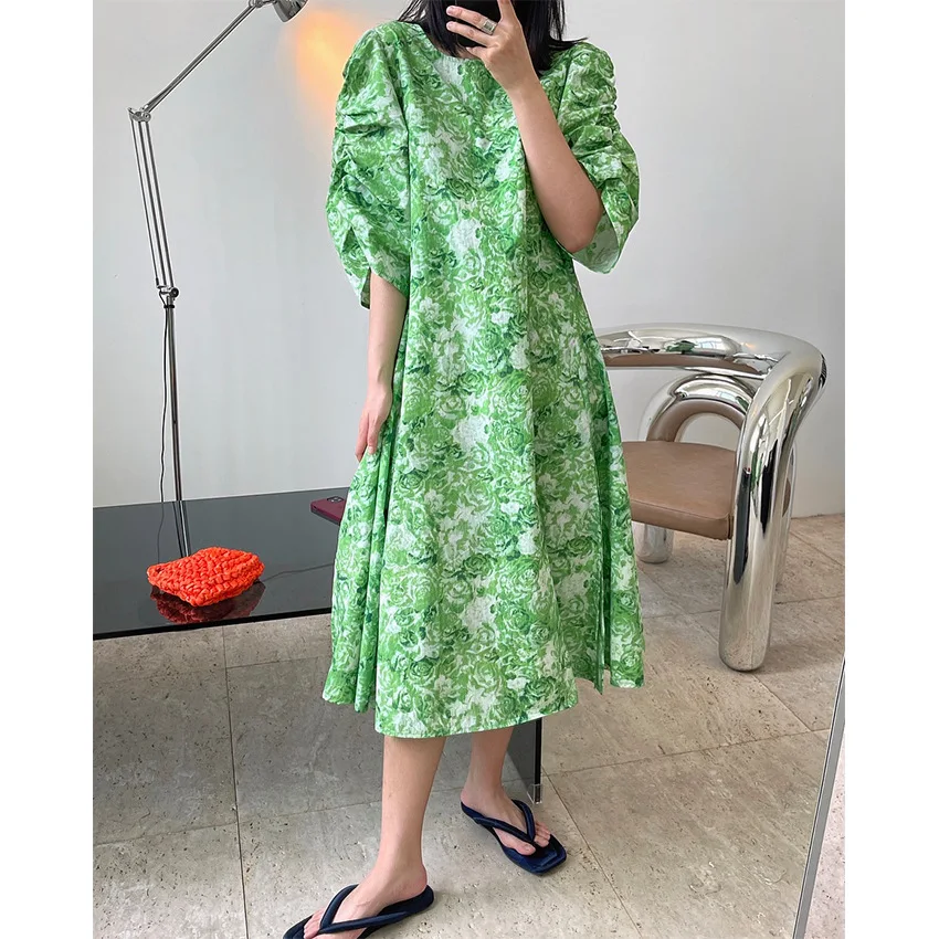 

Summer New French Languid Cool Flower Art Print Dress With Retro Bubble Sleeve And Slim Skirt
