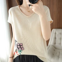 summer womens tees chic casual v neck short sleeve loose female pullover 100 knitted tops thin jumpers t shirt cool clothing