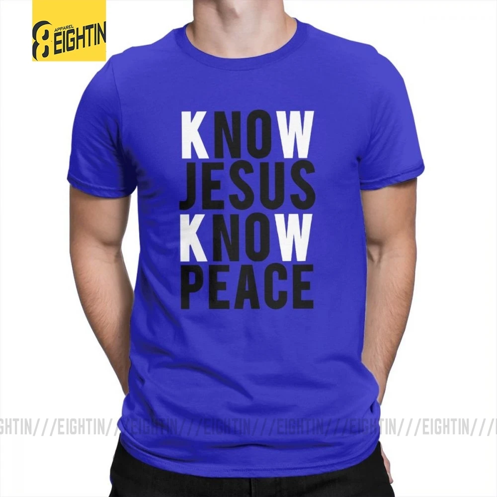 Футболки с надписью «Know Jesus Know Peace Christian», Мужская мягкая футболка с круглым вырезом, хлопок, брендовая футболка с коротким рукавом размера плюс, специальное предложение - Цвет: Синий