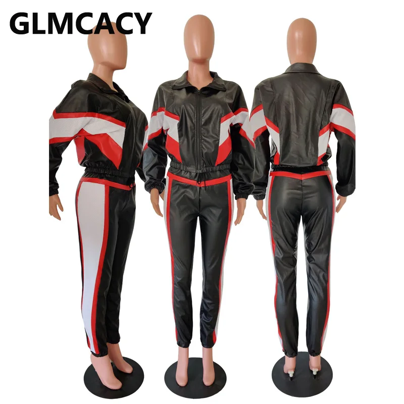 

Women Two Piece PU Leather Tracksuits Long Sleeve Jackets & Slim PU Pants Set