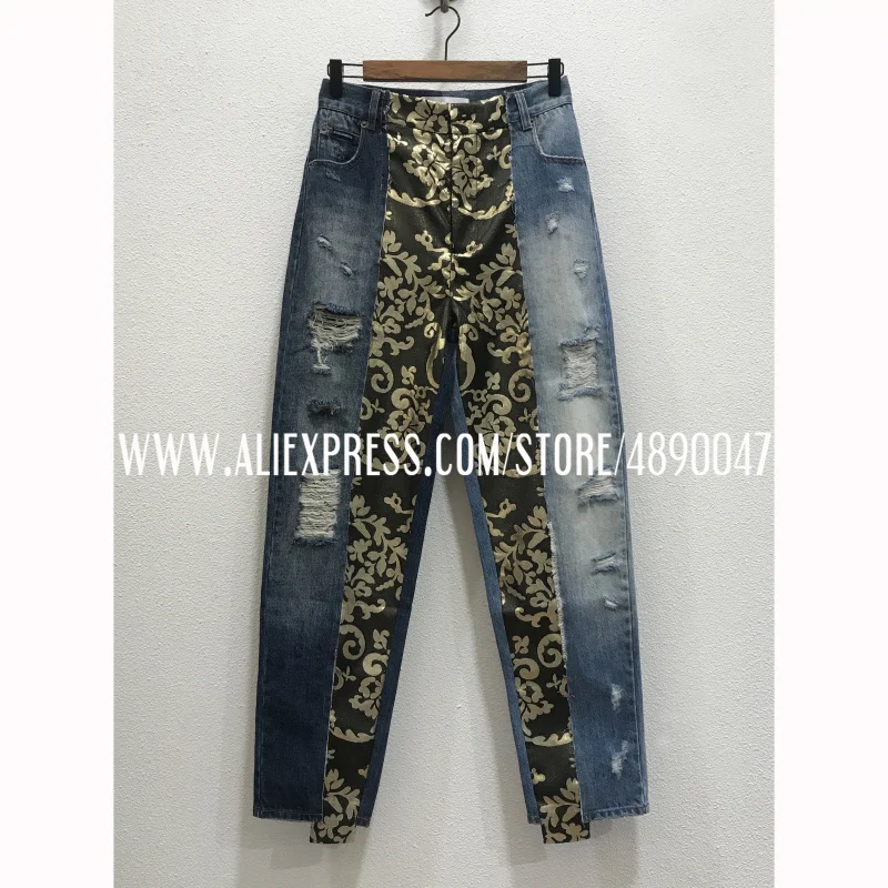 

2021 High-quality women's floral fabric stitching positioning printing denim fashion slim high-waisted pants personality jeans