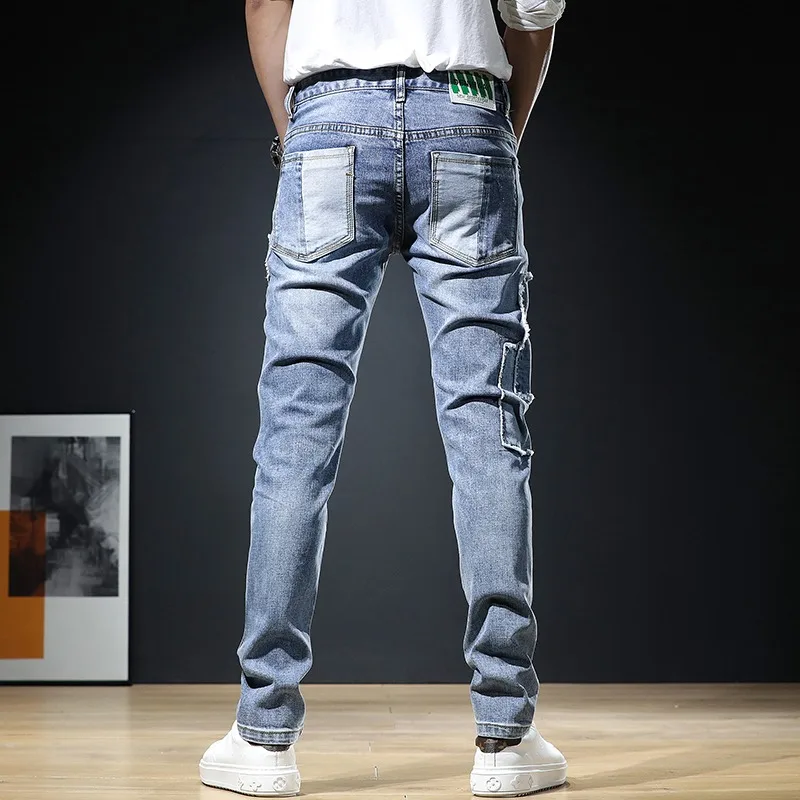 Summer Men Jeans pantalones hombre Regular Fit Pants Streetwear Casual Blue Patches Patchwork Jean Mens Clothing Denim Trousers