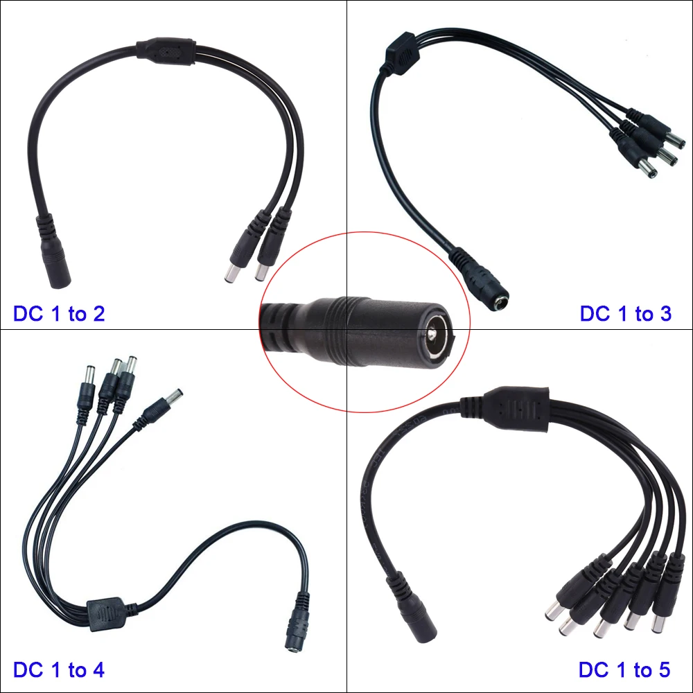 1pcs CCTV Security Camera 1 DC Female To 2/3/4/5 Male plug Power Cord adapter Connector Cable Splitter for  LED Strip lights
