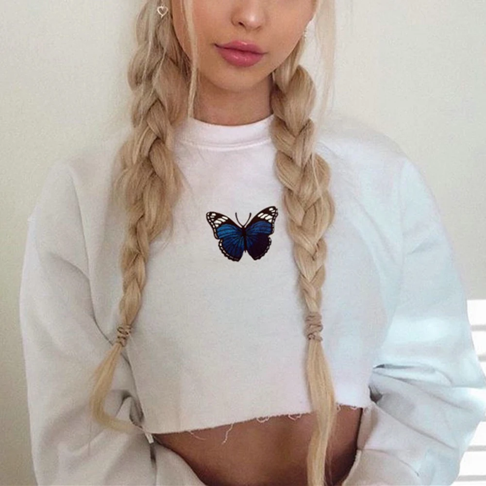 Женские модные белые свитшоты с длинным рукавом и принтом бабочки повседневная