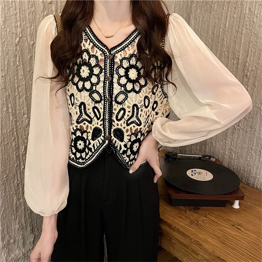 

Блузка женская демисезонная ажурная с цветочным кружевом, винтажная рубашка с длинным рукавом, повседневная в стиле бохо, ретро