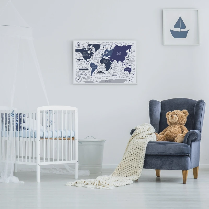 Темно-синяя морская карта мира плакат для мальчиков декор комнаты мультяшная