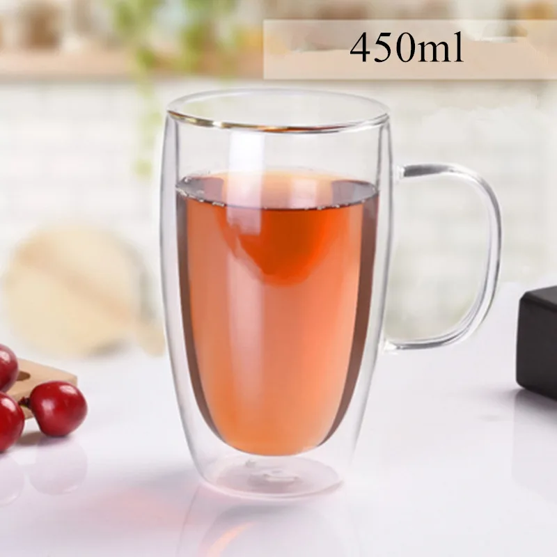 I 450ml Стеклянная кофейная чашка с двойными стенками, новинка, термостойкая двухслойная стеклянная ручка, чайная чашка, креативный подарок, посуда для напитков, молоко - Цвет: I 450ml