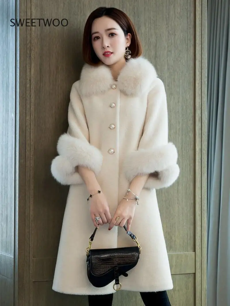 2021 Fall/winter New Style Lamb Fur Coat Women Mid-Length Fox Fur Collar Granular Fleece Imitation Fur Coat