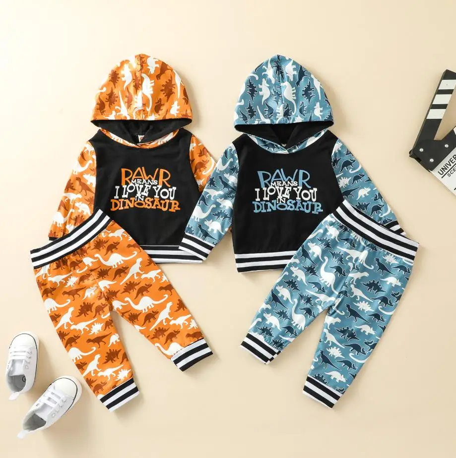 

Autumn Spring Baby Newborn Color Block Outfits Dinosaur & Letter Print Long Sleeve Hooded Pullover Sweatshirt Trousers Set