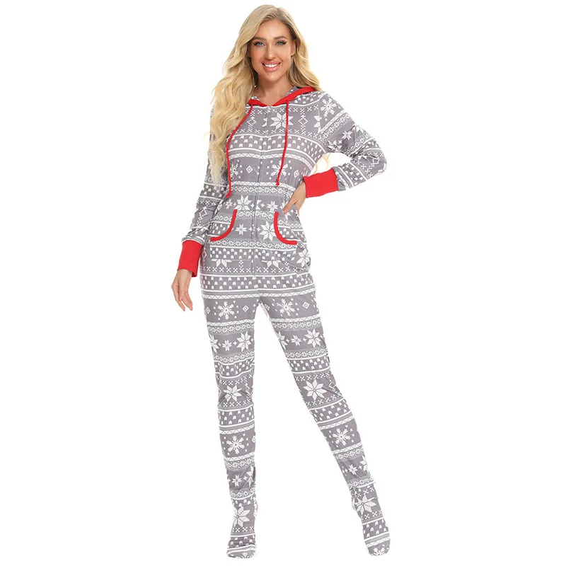 

Christmas snowflake home wear long-sleeved one-piece pajamas set