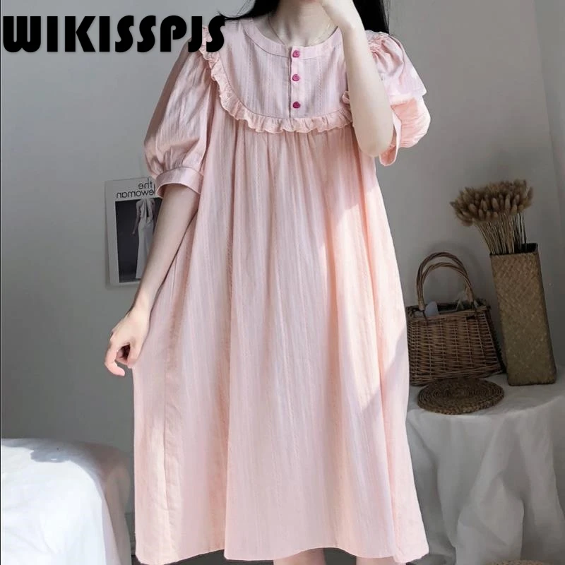 

WIKISSPJS 2022 Summer New Summer Short Sleeve Princess Home Clothes Polyester Knee-Length CN(Origin) Solid WOMEN Nightgowns