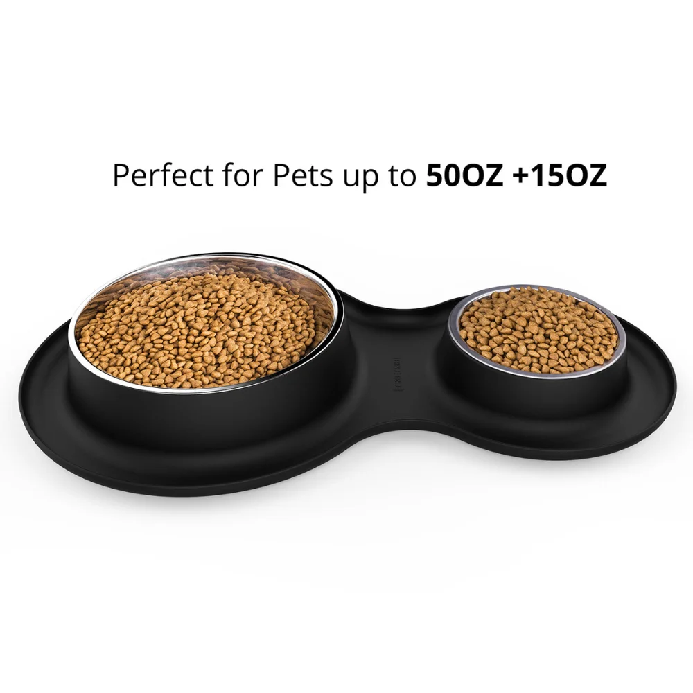 

Dual Stainless Steel Dog Bowl Pet Water Food Feeder Bowl Dog Food Bowl Pet Bowl with Silicone Base (Black)