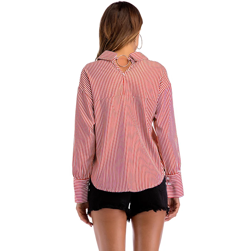 

2020 Autumn Europe Street Style Hollow Out Blue Red Striped Shirt for Women Slim Button Casual Women's Blouse