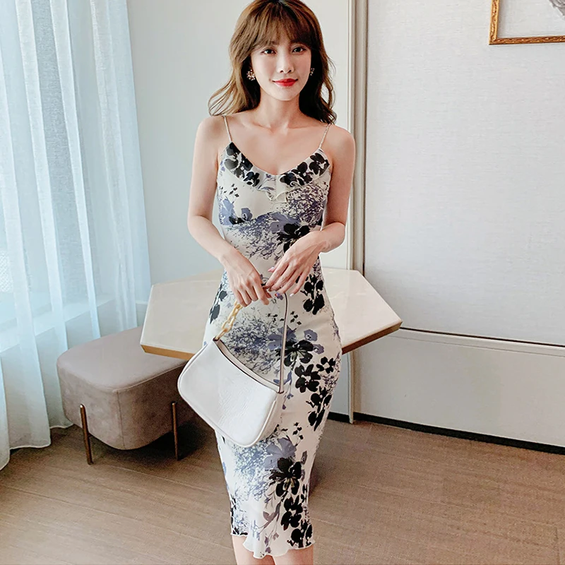 

Новое модное летнее платье миди вечерние платье для клуба женские узкие пикантные на бретелях без рукавов с v-образным вырезом с оборками с ...