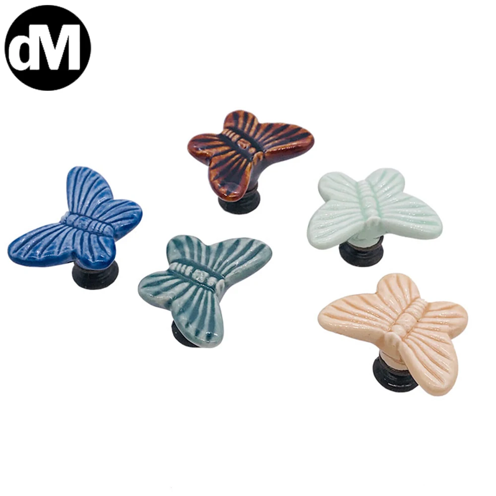 

DM 2pcs/Set 5 Colors Butterfly Ceramic Handle Wardrobe Drawer Cupboard Handle Simple Children's Furniture Single Hole Door Knobs