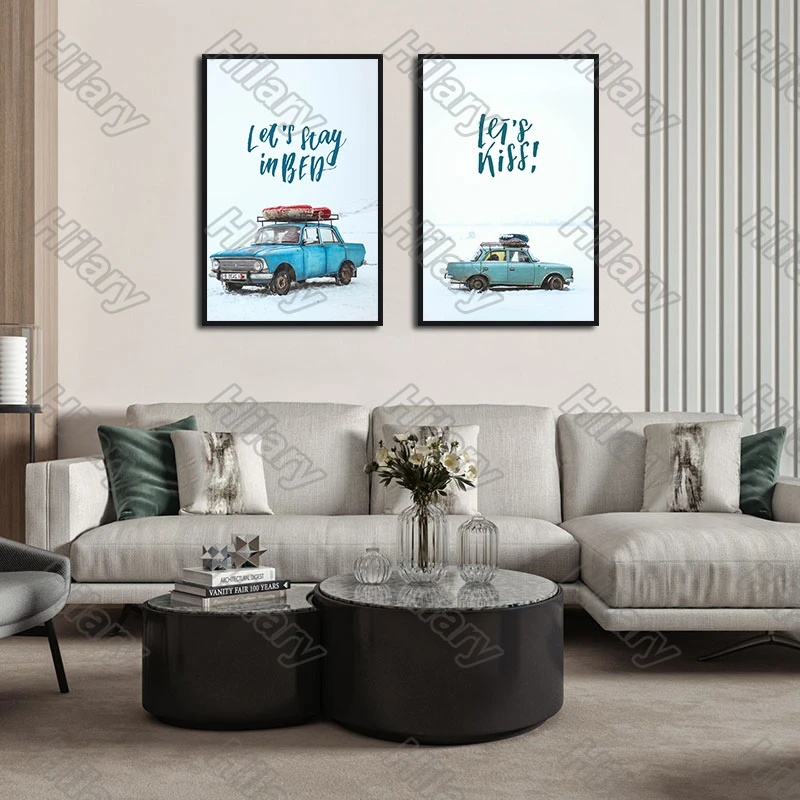 

Poster Blue Car Word Kiss Canvas Painting and Prints Wall Pictures Decoration for Living Room and Bedroom Frameless Style 3Pcs