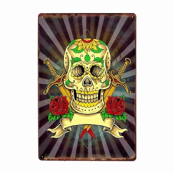 

Sugar Skull Metal Tin Sign Mexican Style Vintage Tattoo Parlors Shop Iron Painting Decor Party Home Bar Wall Art Posters WY74