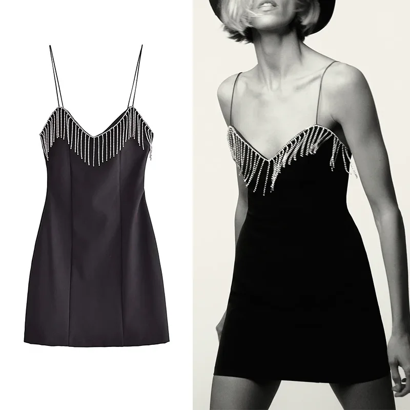 

Za 2022 Women Mini Camis Tassel Dress Spring Summer Sexy Solid V-neck Dresses Backless Sleeveless Party Elegant Vestido