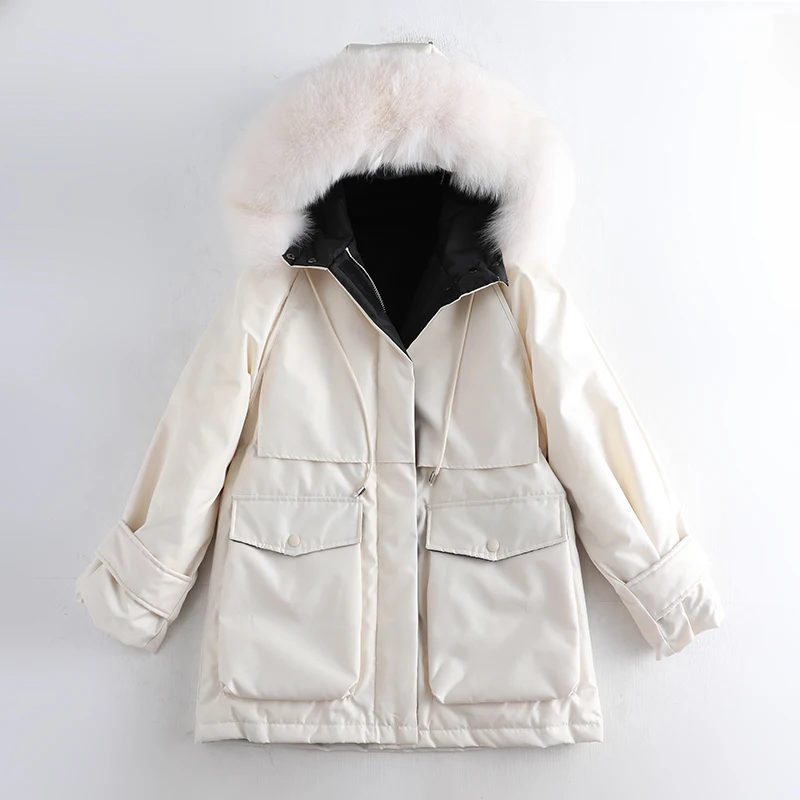 2019 Зимняя мода воротник из натурального Лисьего меха Теплый белый утиный пух с