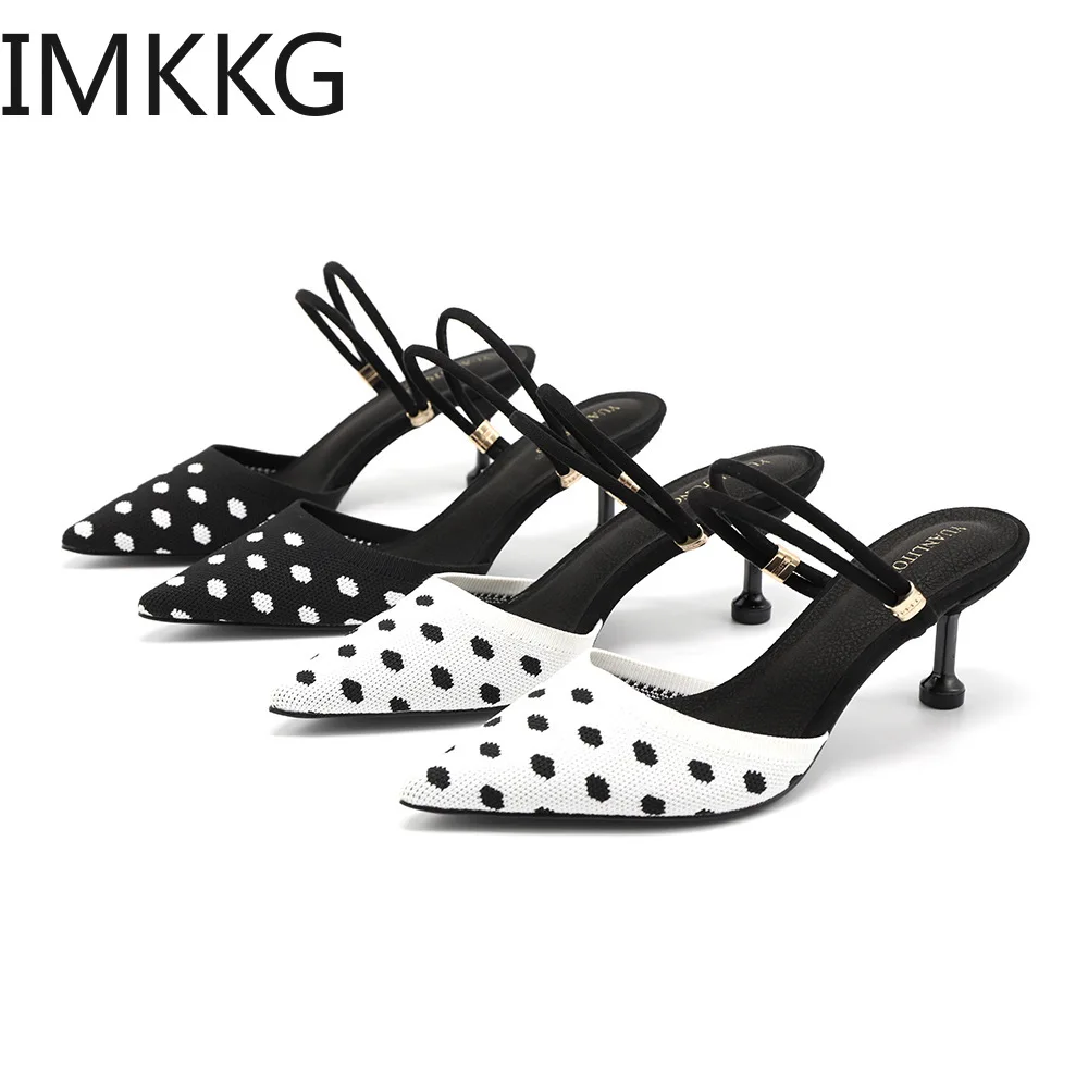 Женские босоножки с острым носком в горошек летние дамские тапочки на тонком