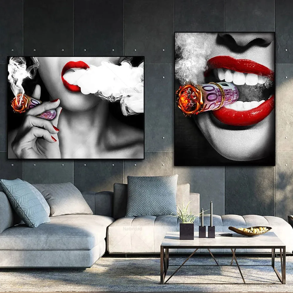 

Canvas Painting Smile Red Lips Print Posters Smoking Beauty Woman Picture Burning Dollar Money Wall Art Poster Home Decoration