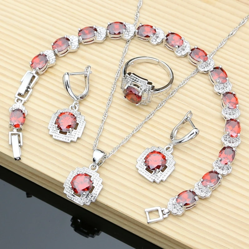 

Bride Women Red Garnet Silver 925 Jewelry Sets 9 Colors Birthstone Earrings Bracelet Resizable Ring Necklace Sets Gifts