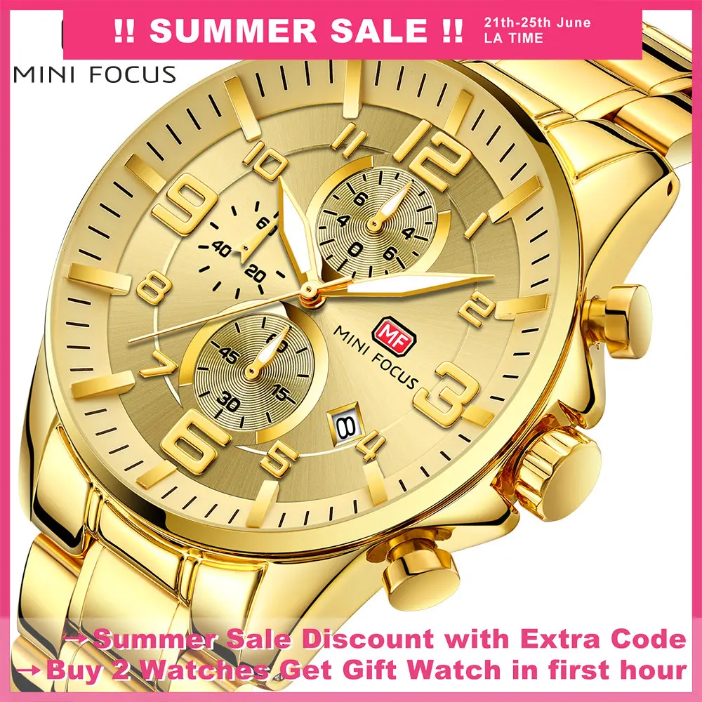 Мужские роскошные золотистые часы MINI FOCUS хронограф календарь пилот 1/10 секунды 3