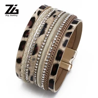 zg 2019 new leopard leather bracelet women crystal chain multilayer wrap bracelet female jewelry