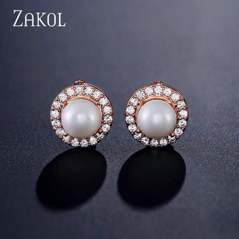 Rose Gold Color ZAKOL Лидер продаж белые AAA серьги с цирконием кубической огранки для женщин модные круглые жемчужные свадебные украшения FSEP2258 - Окраска металла: Rose Gold Color