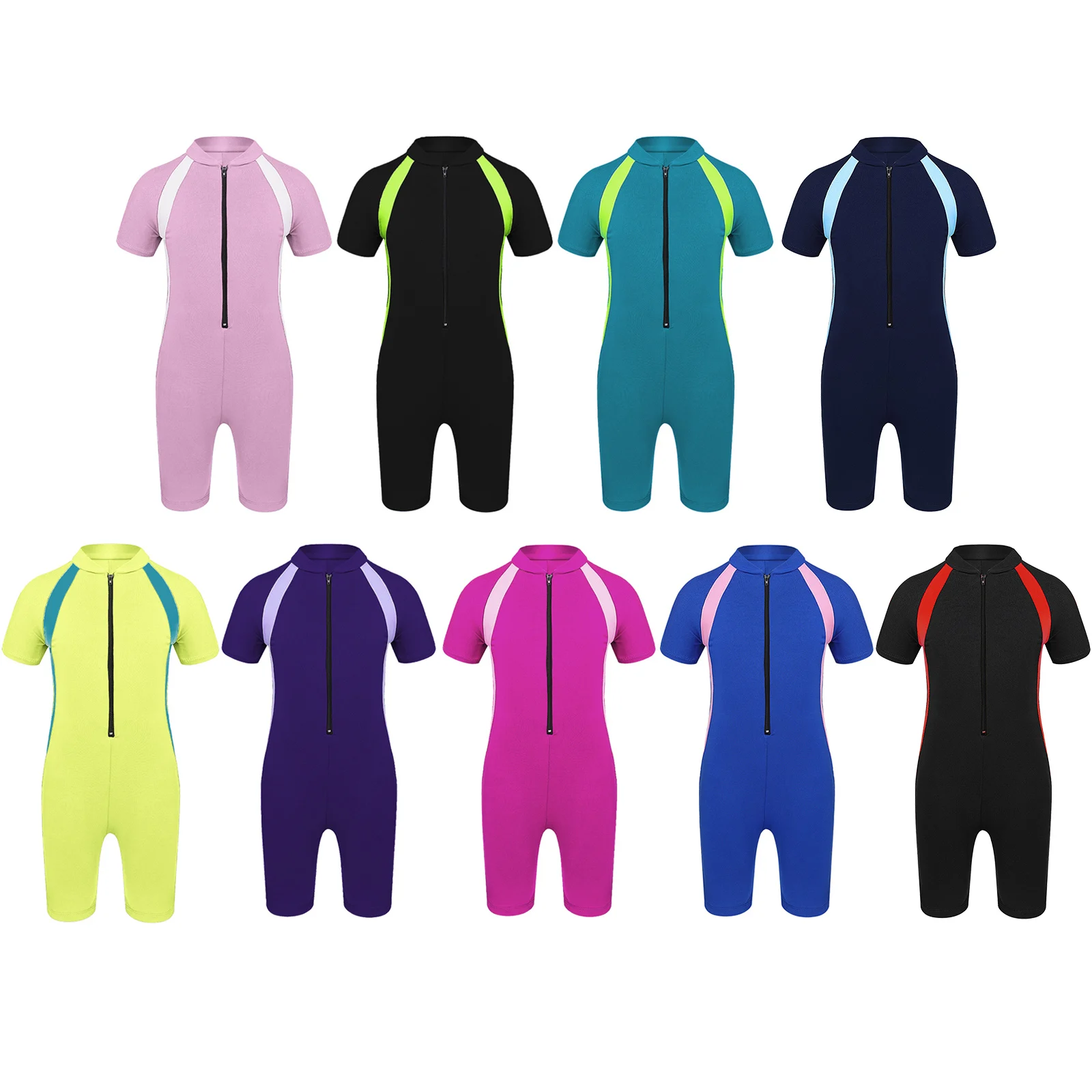 

Kids One-piece Rash Guards Suits New Short Sleeves Zippered Surfing Shorty Wetsuit Swimsuit Swimwear Bathing Suit for Girls Boys