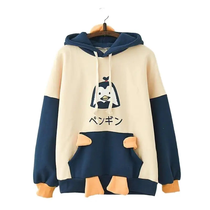 Harajuku Kawaii Penguin Print Hooded Patchwork Hoodie Plus Velvet Warm Fleece Sweatshirt Casual Loose Cute Pullovers 2012228