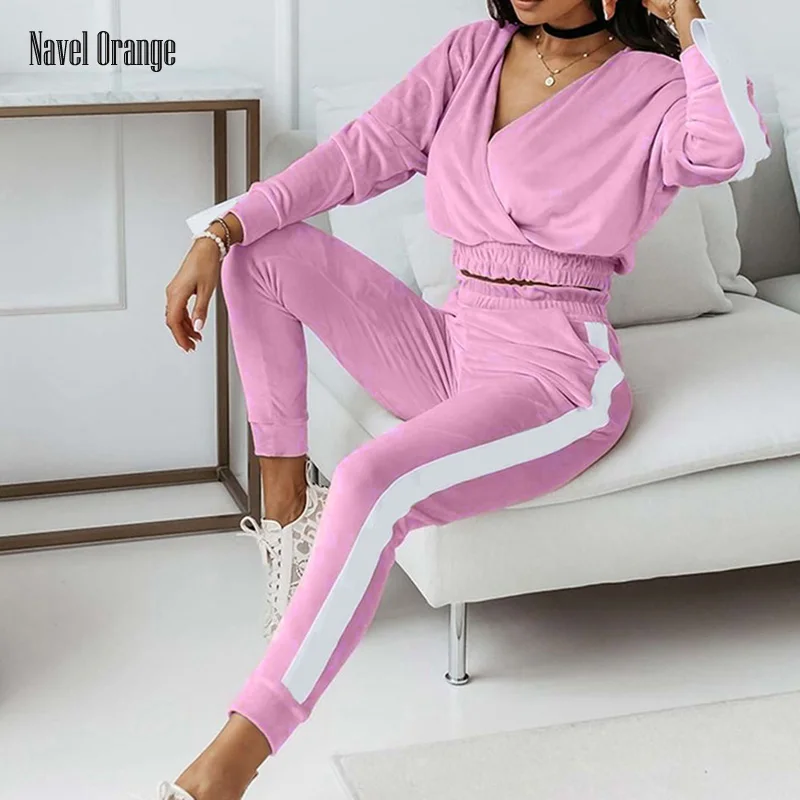 

Women Solid V-Neck Elastic Waist Loungewear Outfit Spring Autumn Full Sleeve Short Top Ladies Suits Casual Patchwork Streetwear