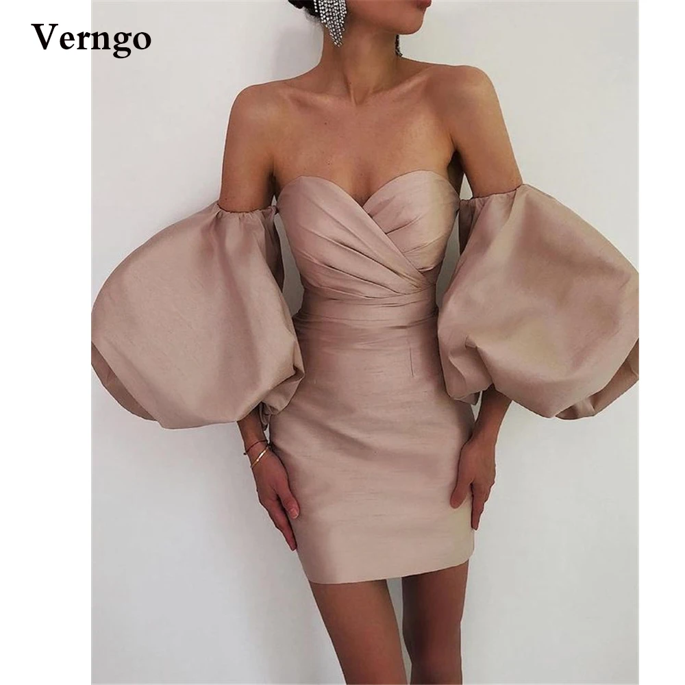 

Verngo Dusty Pink/Lavender/Blue Satin Short Prom Party Dresses Puff Sleeves Sweetheart Lady Cocktail Dress Mini Modern Gown