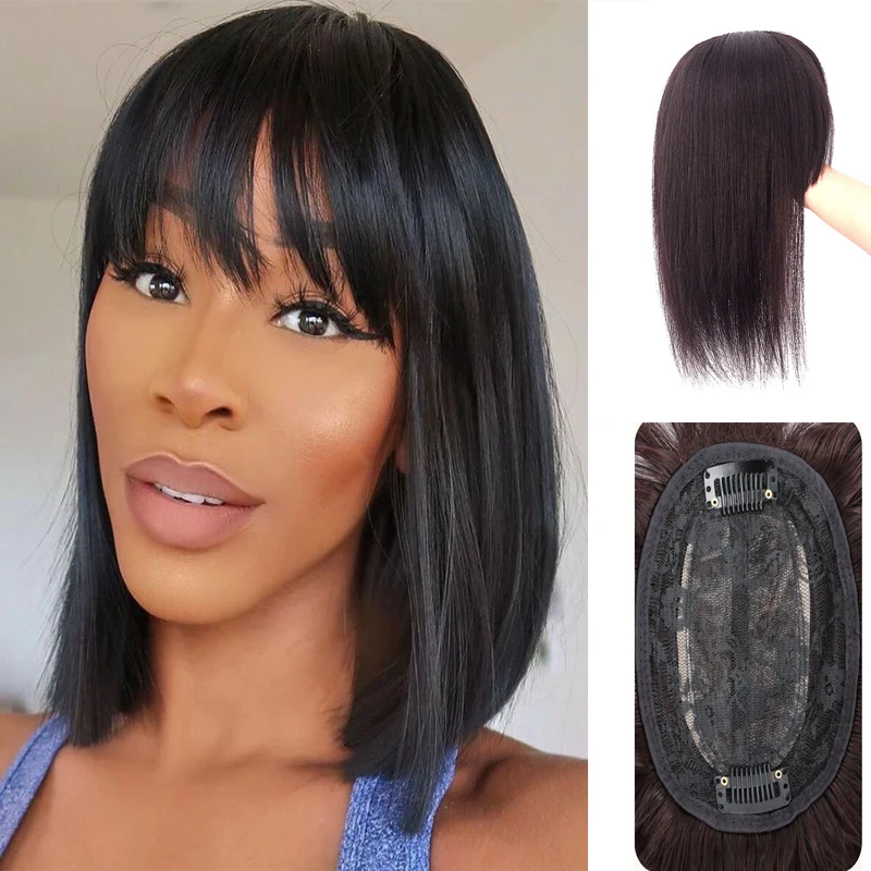 

Jet Black Machine Made Brazilian Hair Silk Base Hair RemyTopper Hairpieces with Bangs Human Hair Clip in Crown for Women Toppers