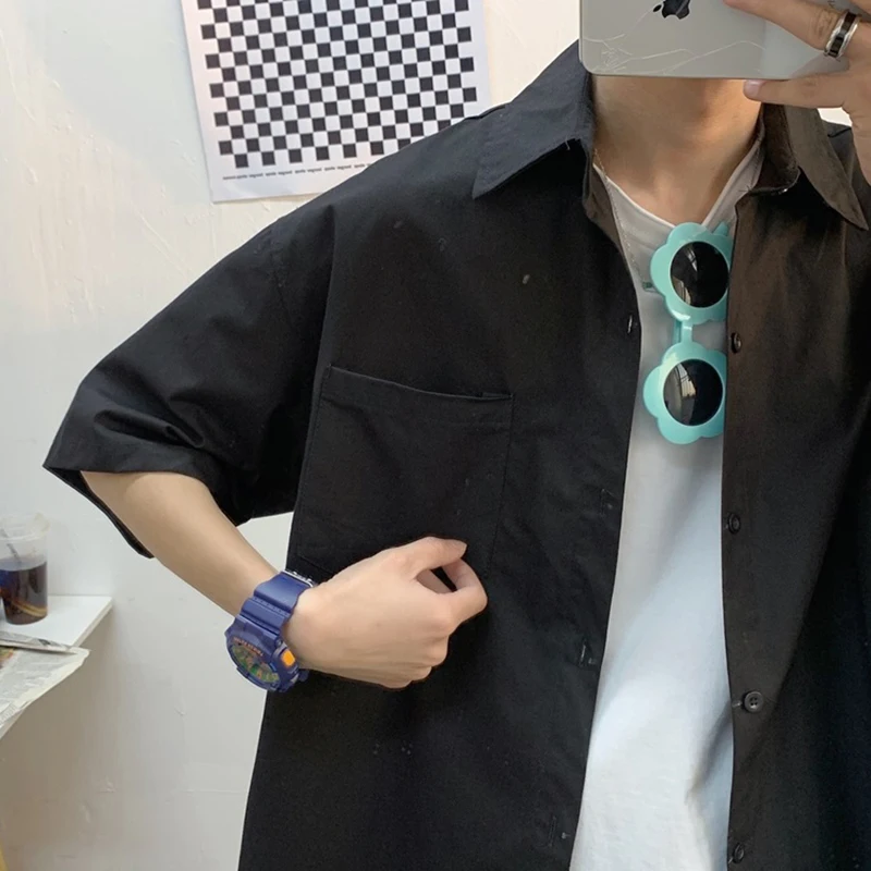 

Men Shirts Half-sleeved Summer Solid Hip-pop Street Wear Loose Casual Classic Teens Shirt Safari Style Retro Outwear Tops Trendy