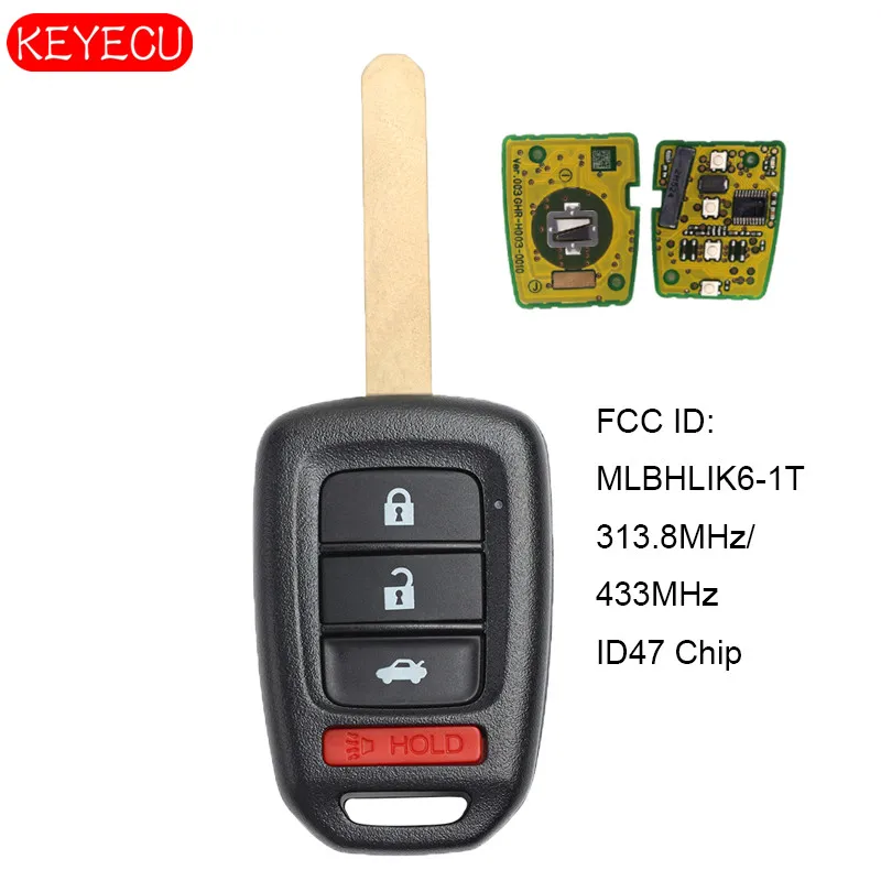 

KEYECU OEM Remote Car Key Fob 313.8mhz / 433MHz ID47 Chip for 2013-2016 Honda Accord Civic FCC ID:MLBHLIK6-1T