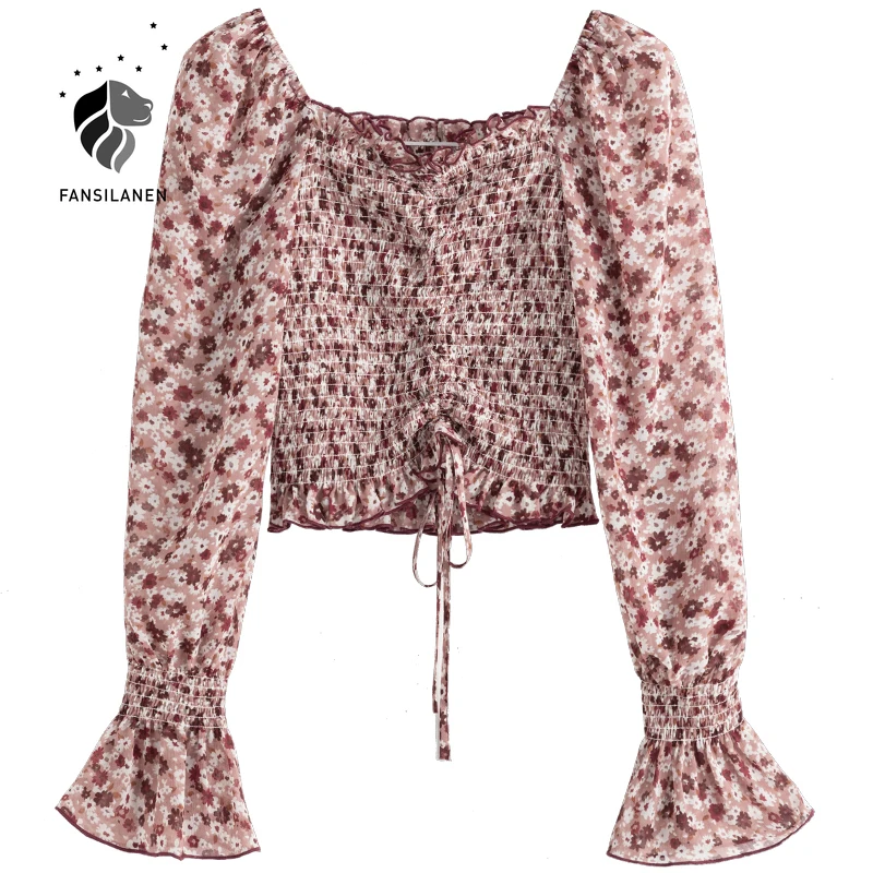 

FANSILANEN Sexy floral print chiffon blouse shirt Women flare sleeve ruffle spring blouse Female shirring elegant boho top 2021